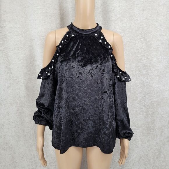 Desfios Black Crushed Velvet Velour Cold Shoulder Long Sleeve Top - Picture 1 of 8